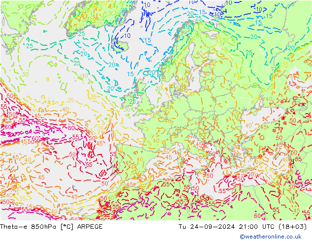 Theta-e 850hPa ARPEGE Tu 24.09.2024 21 UTC