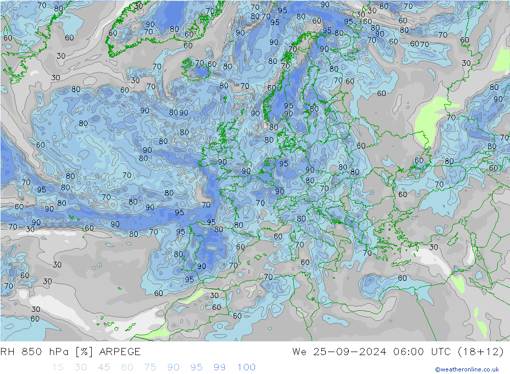 RH 850 гПа ARPEGE ср 25.09.2024 06 UTC