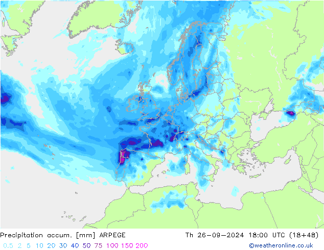 Precipitation accum. ARPEGE  26.09.2024 18 UTC