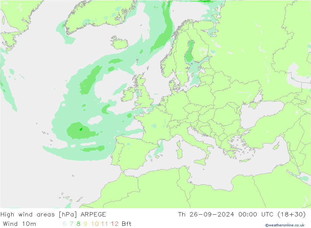 High wind areas ARPEGE Th 26.09.2024 00 UTC