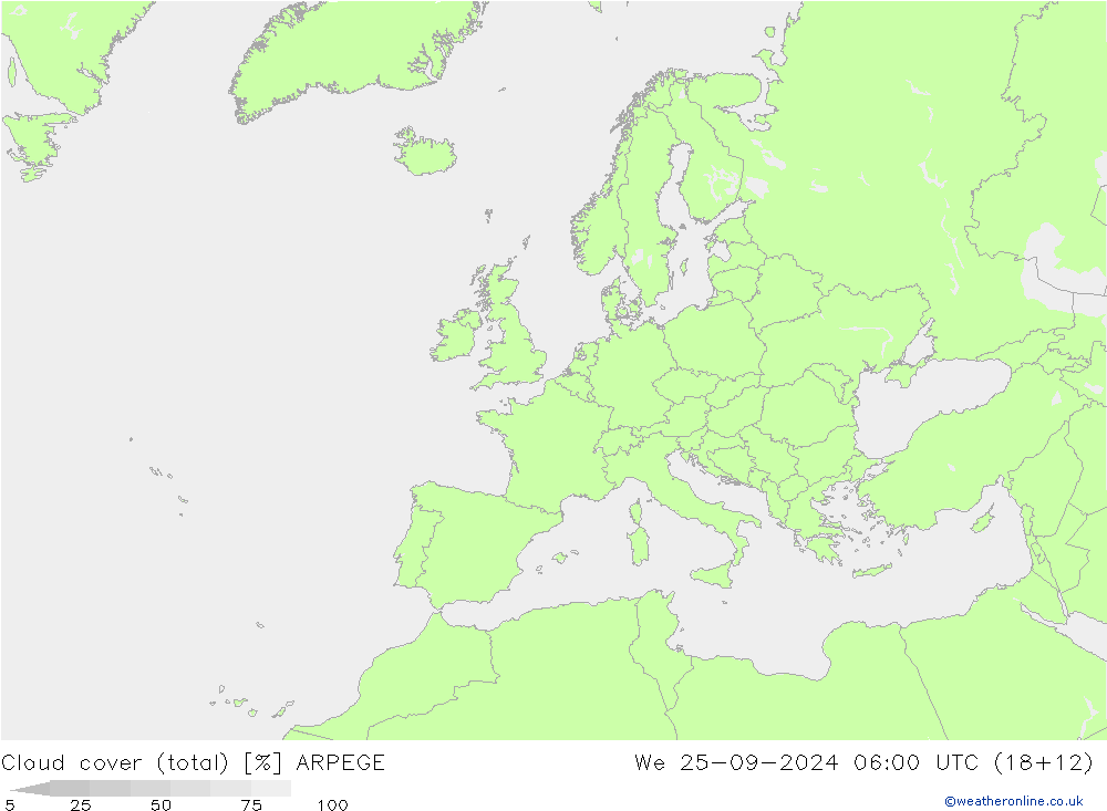 Cloud cover (total) ARPEGE We 25.09.2024 06 UTC