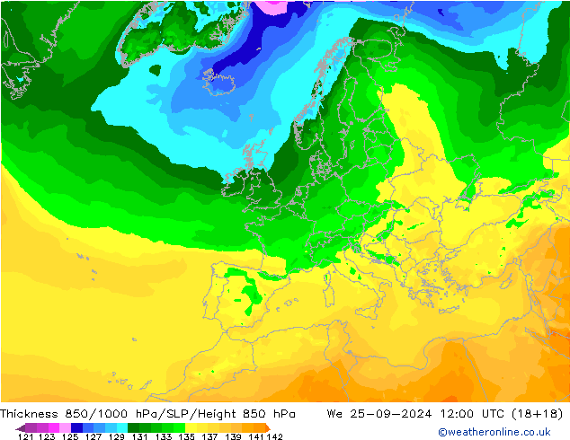 Espesor 850-1000 hPa ARPEGE mié 25.09.2024 12 UTC