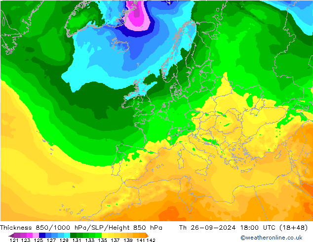 Dikte 850-1000 hPa ARPEGE do 26.09.2024 18 UTC