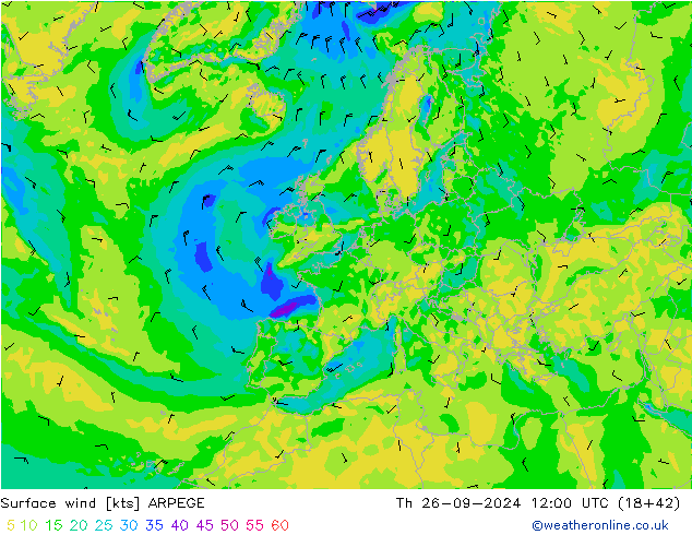 Surface wind ARPEGE Th 26.09.2024 12 UTC