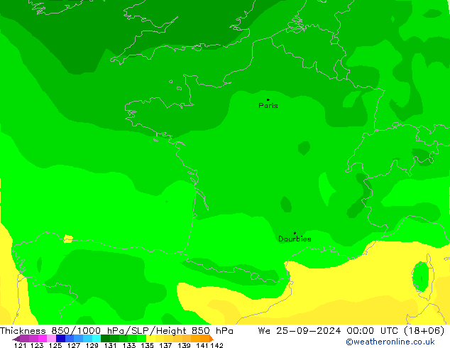 Thck 850-1000 hPa ARPEGE mer 25.09.2024 00 UTC