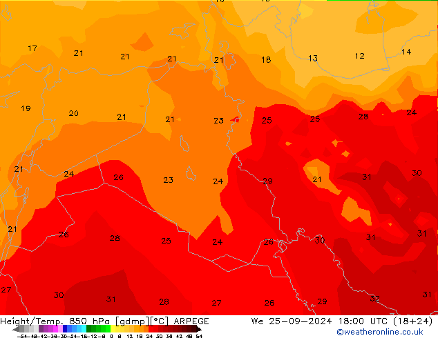 Height/Temp. 850 hPa ARPEGE Mi 25.09.2024 18 UTC