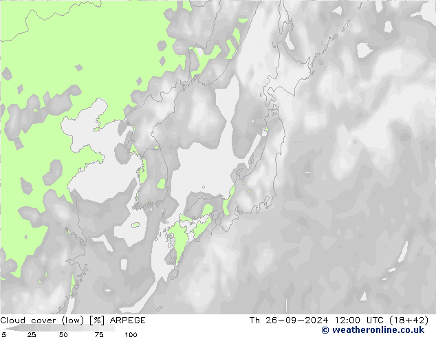 Cloud cover (low) ARPEGE Th 26.09.2024 12 UTC