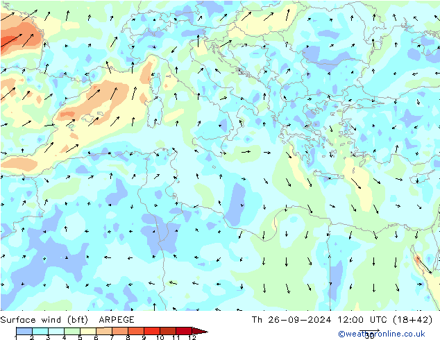 Vento 10 m (bft) ARPEGE Qui 26.09.2024 12 UTC
