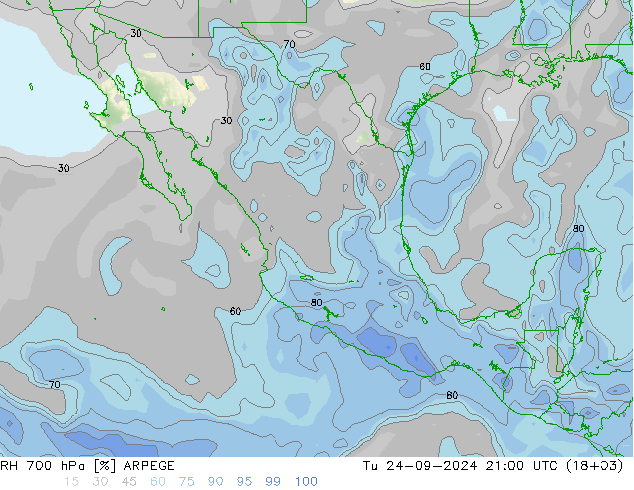 RH 700 гПа ARPEGE вт 24.09.2024 21 UTC