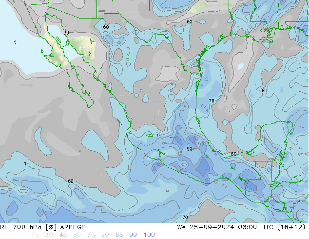 RH 700 hPa ARPEGE śro. 25.09.2024 06 UTC