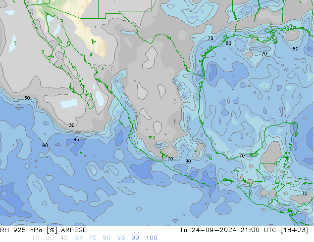 RH 925 hPa ARPEGE Tu 24.09.2024 21 UTC