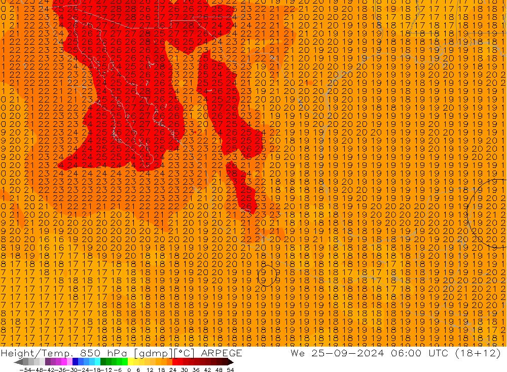 Géop./Temp. 850 hPa ARPEGE mer 25.09.2024 06 UTC