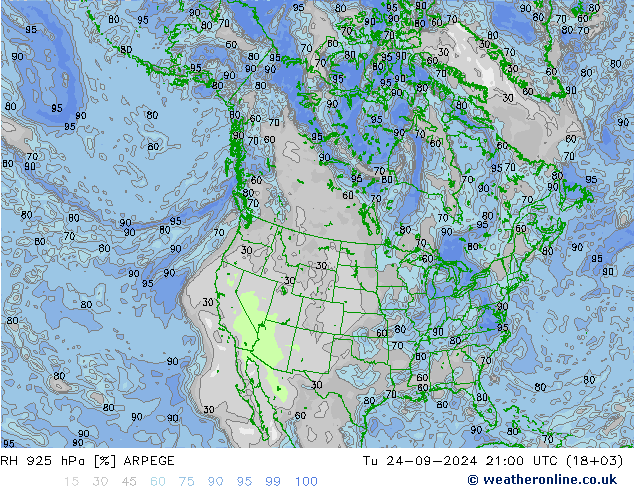 RH 925 hPa ARPEGE Út 24.09.2024 21 UTC