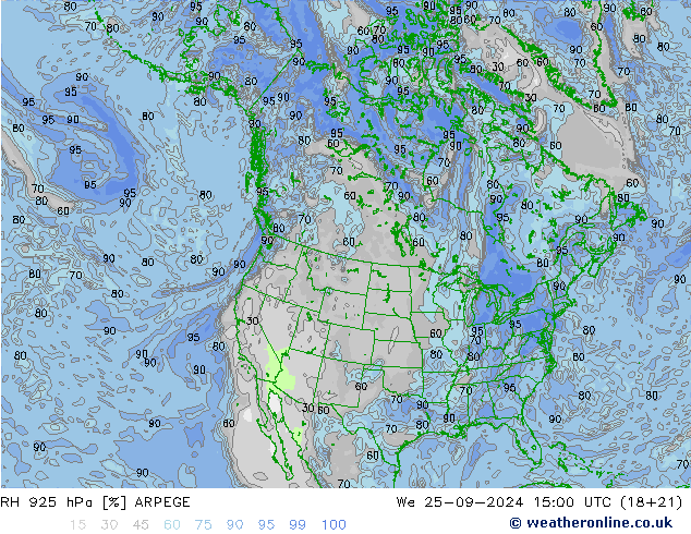 RH 925 hPa ARPEGE mer 25.09.2024 15 UTC