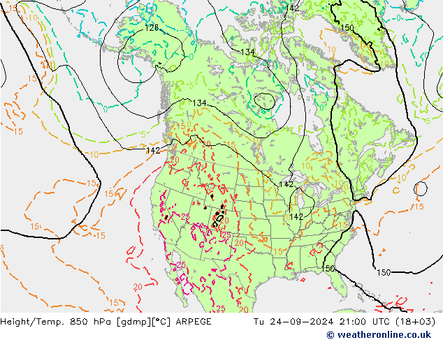 Yükseklik/Sıc. 850 hPa ARPEGE Sa 24.09.2024 21 UTC