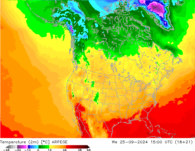 Temperatuurkaart (2m) ARPEGE wo 25.09.2024 15 UTC