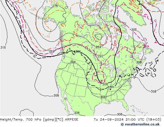 Height/Temp. 700 hPa ARPEGE Tu 24.09.2024 21 UTC