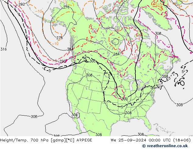 Height/Temp. 700 hPa ARPEGE Qua 25.09.2024 00 UTC