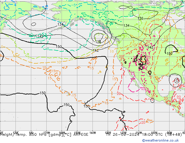 Height/Temp. 850 hPa ARPEGE Th 26.09.2024 18 UTC