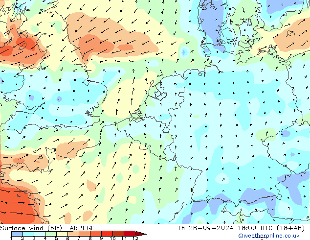 Bodenwind (bft) ARPEGE Do 26.09.2024 18 UTC