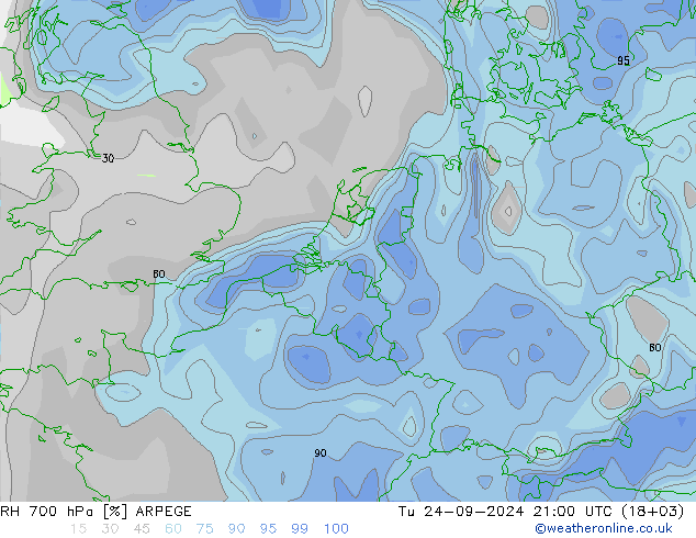 RH 700 hPa ARPEGE Tu 24.09.2024 21 UTC