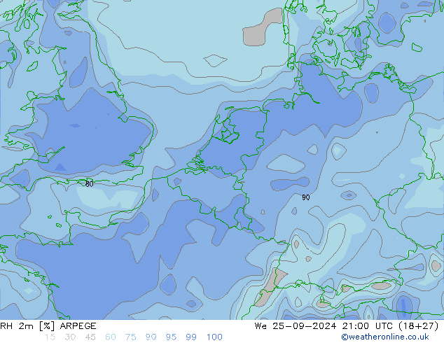 RH 2m ARPEGE ср 25.09.2024 21 UTC