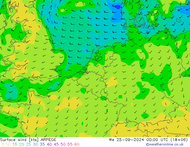 Viento 10 m ARPEGE mié 25.09.2024 00 UTC