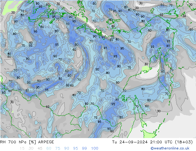 RH 700 hPa ARPEGE wto. 24.09.2024 21 UTC