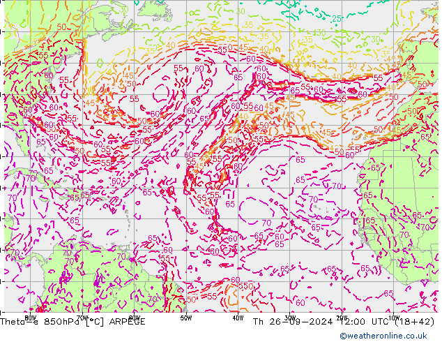 Theta-e 850hPa ARPEGE czw. 26.09.2024 12 UTC