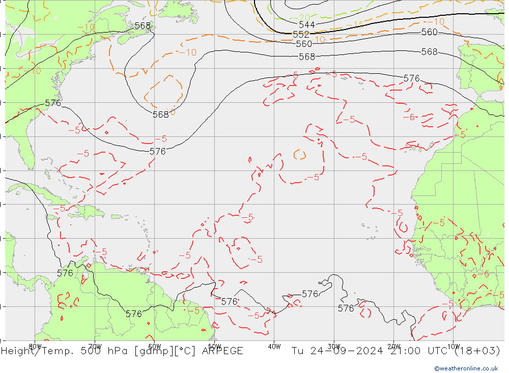 Hoogte/Temp. 500 hPa ARPEGE di 24.09.2024 21 UTC