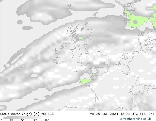 Cloud cover (high) ARPEGE We 25.09.2024 18 UTC