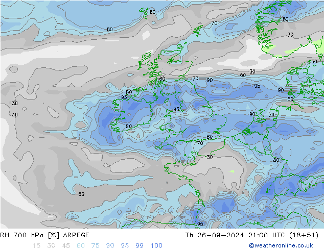 Humedad rel. 700hPa ARPEGE jue 26.09.2024 21 UTC