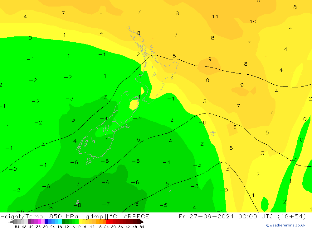 Height/Temp. 850 hPa ARPEGE Pá 27.09.2024 00 UTC