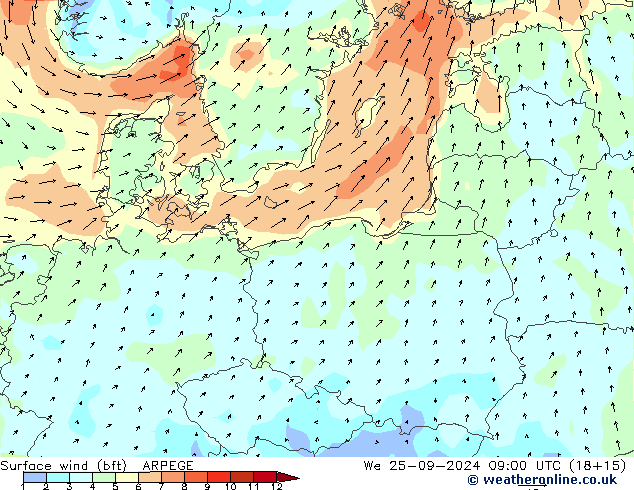 Rüzgar 10 m (bft) ARPEGE Çar 25.09.2024 09 UTC