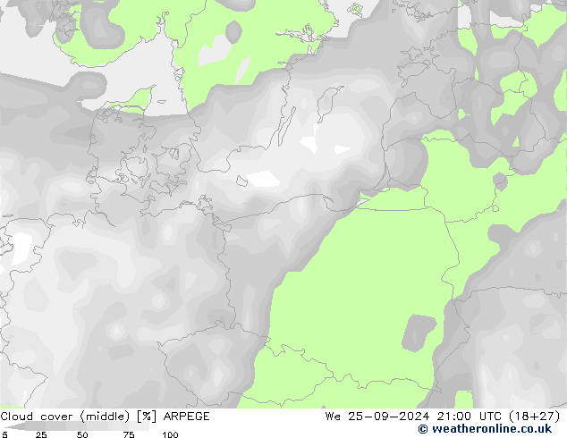 Nubes medias ARPEGE mié 25.09.2024 21 UTC