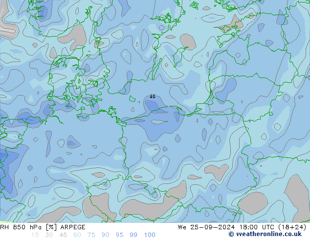 850 hPa Nispi Nem ARPEGE Çar 25.09.2024 18 UTC