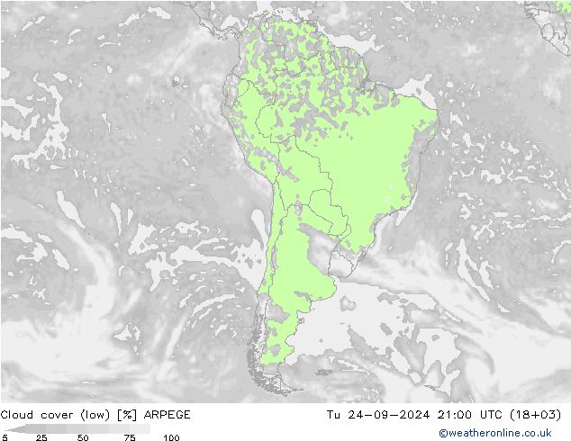 Cloud cover (low) ARPEGE Tu 24.09.2024 21 UTC