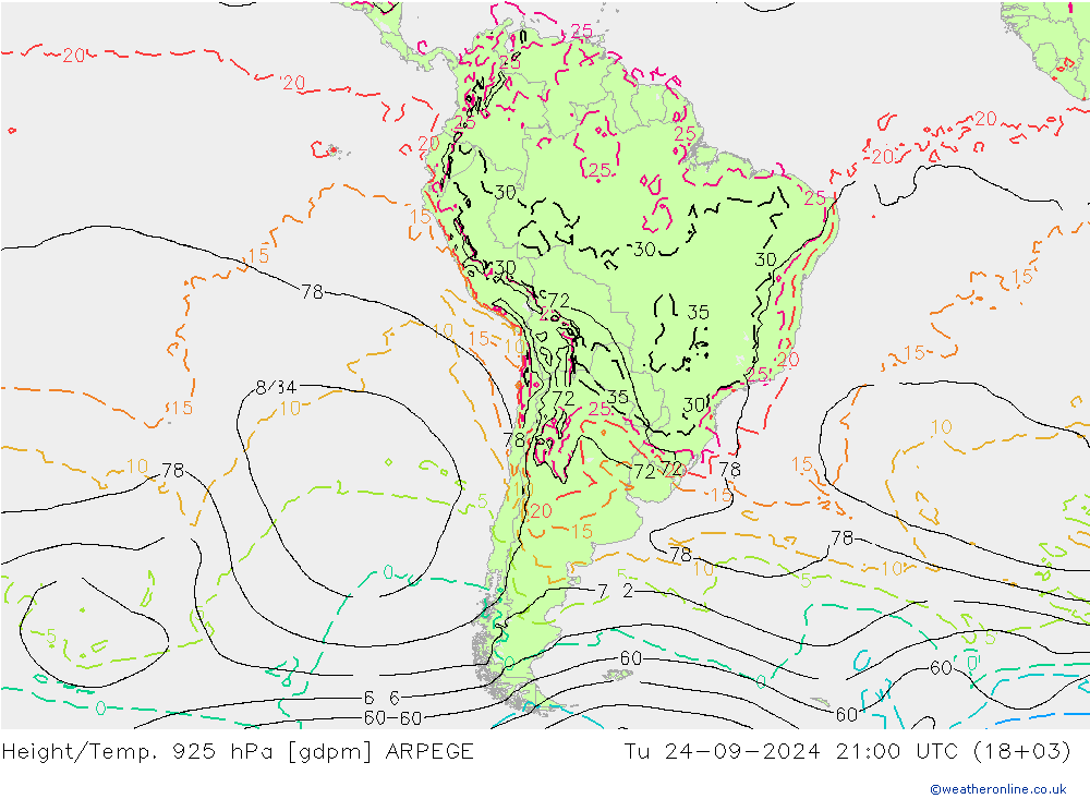 Hoogte/Temp. 925 hPa ARPEGE di 24.09.2024 21 UTC