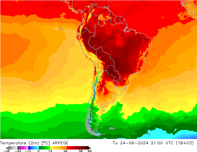 Temperatura (2m) ARPEGE mar 24.09.2024 21 UTC