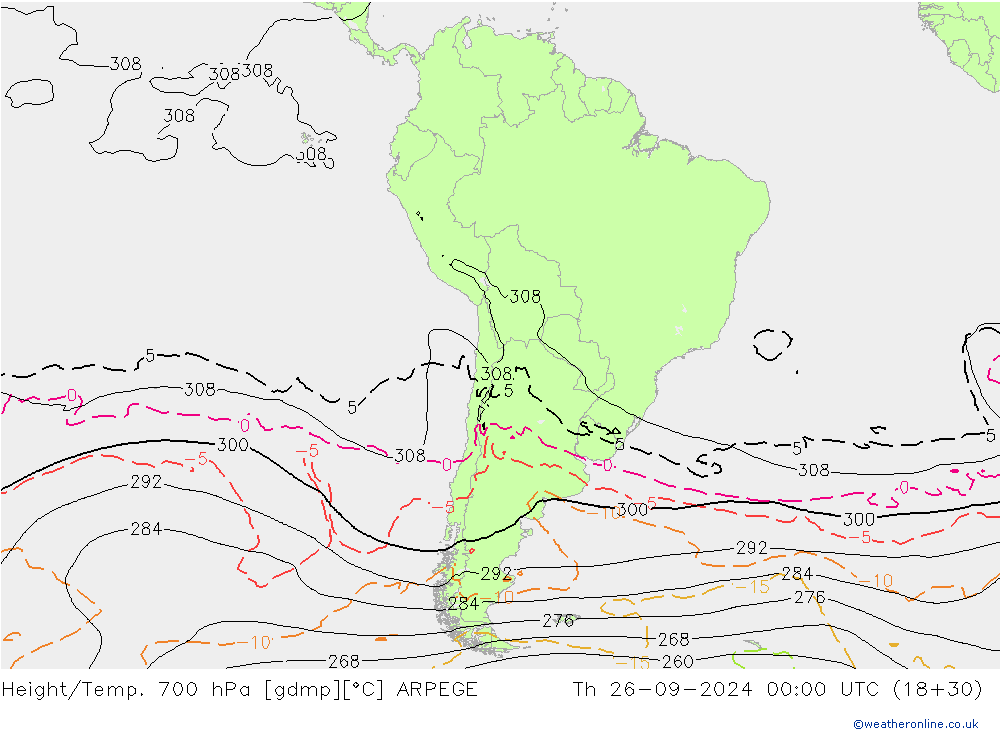 Height/Temp. 700 hPa ARPEGE Th 26.09.2024 00 UTC