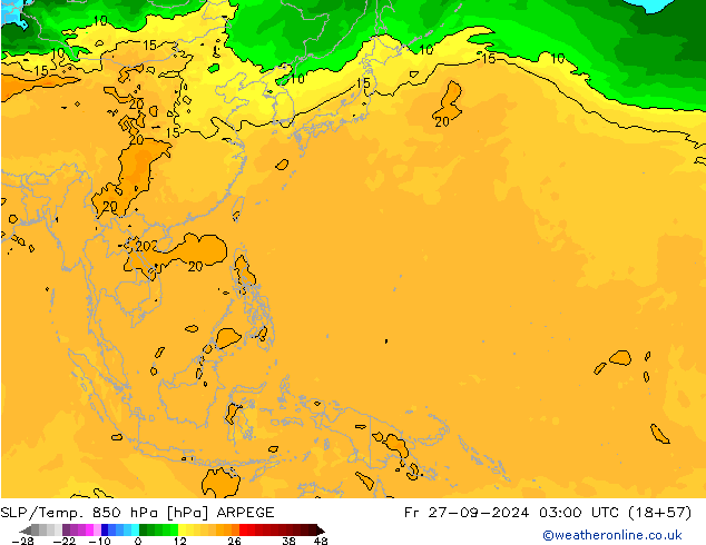 SLP/Temp. 850 гПа ARPEGE пт 27.09.2024 03 UTC