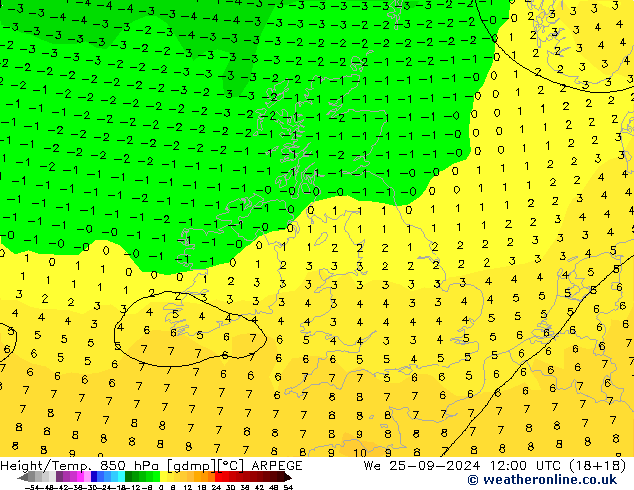 Géop./Temp. 850 hPa ARPEGE mer 25.09.2024 12 UTC