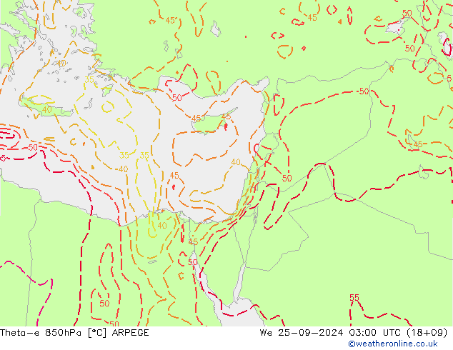 Theta-e 850hPa ARPEGE We 25.09.2024 03 UTC