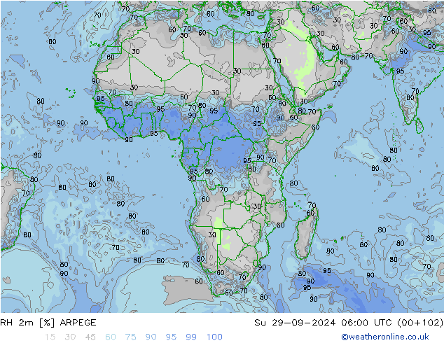 RH 2m ARPEGE Su 29.09.2024 06 UTC