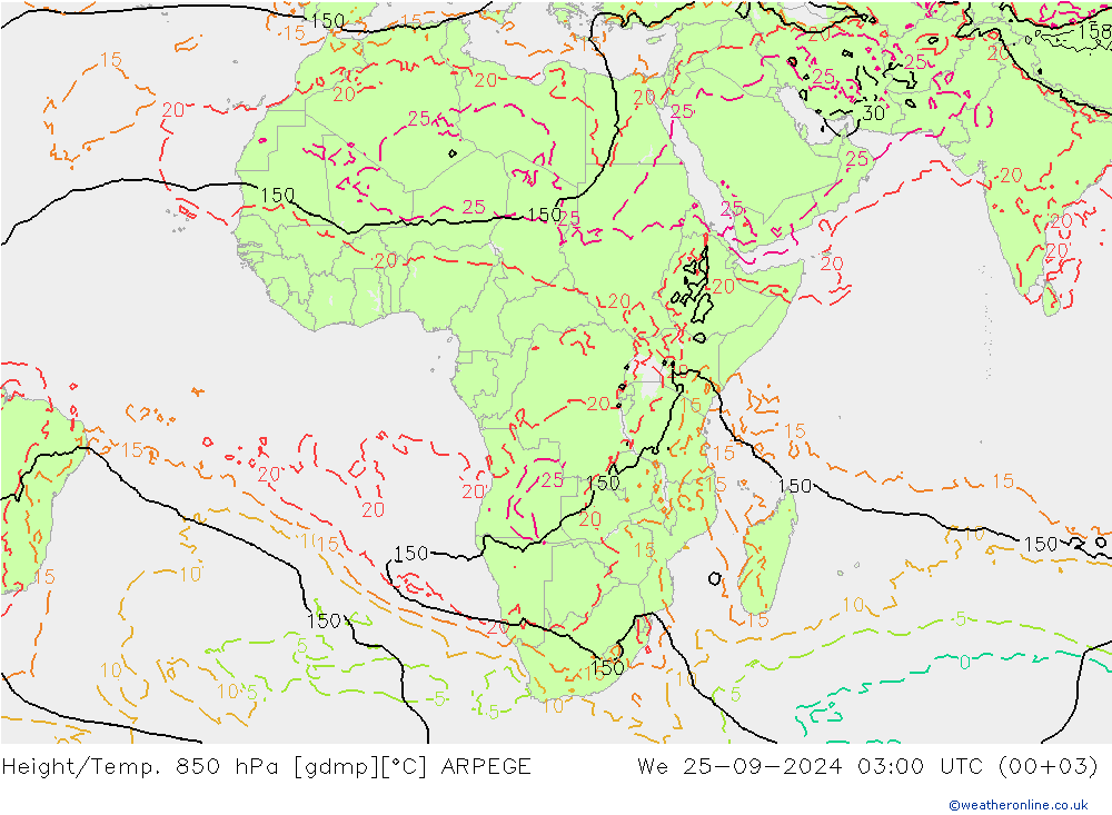 Height/Temp. 850 hPa ARPEGE St 25.09.2024 03 UTC