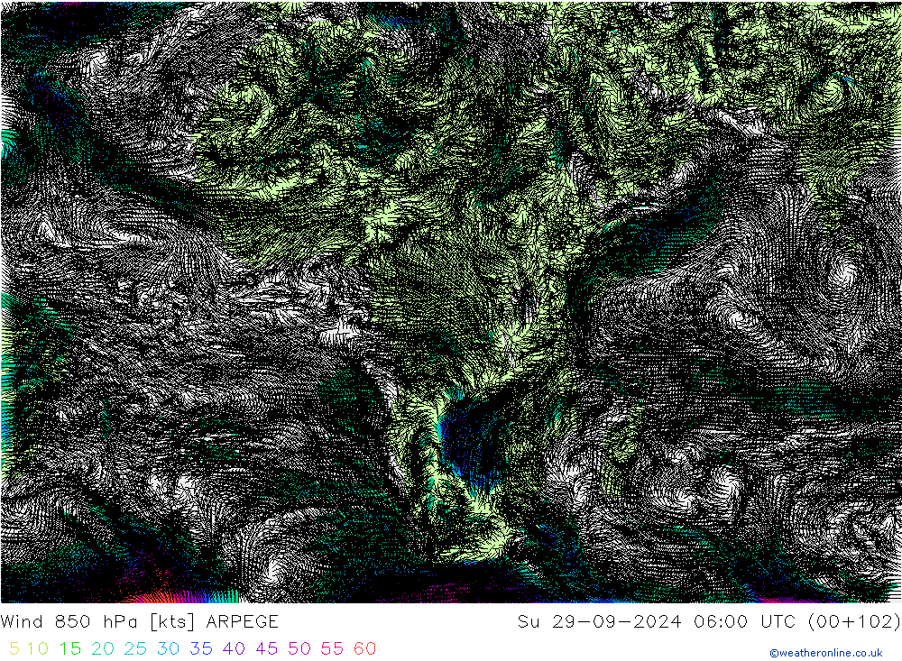 Viento 850 hPa ARPEGE dom 29.09.2024 06 UTC