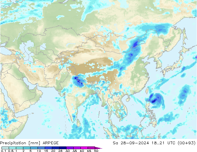 Srážky ARPEGE So 28.09.2024 21 UTC