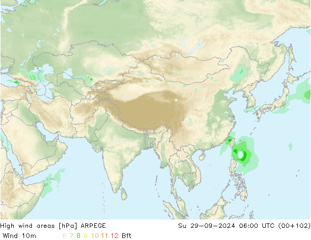 High wind areas ARPEGE dom 29.09.2024 06 UTC