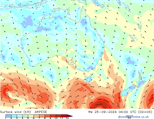 Vento 10 m (bft) ARPEGE Qua 25.09.2024 06 UTC