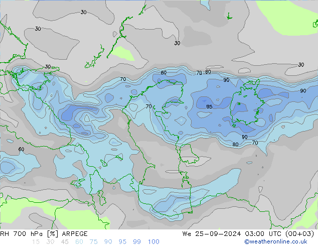 Humidité rel. 700 hPa ARPEGE mer 25.09.2024 03 UTC